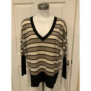 Chaser Black, Tan, & Gray Striped V-Neck Sweater W/ Gold Shimmer Size Small NWT!